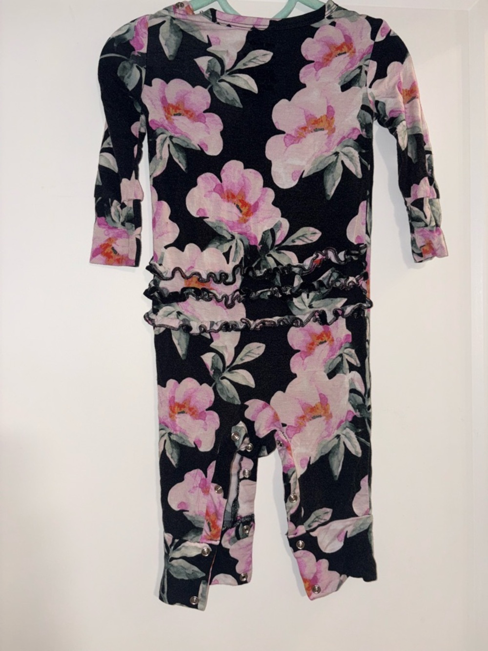 Posh Peanut Bamboo Black Floral Ruffle Snap Romper